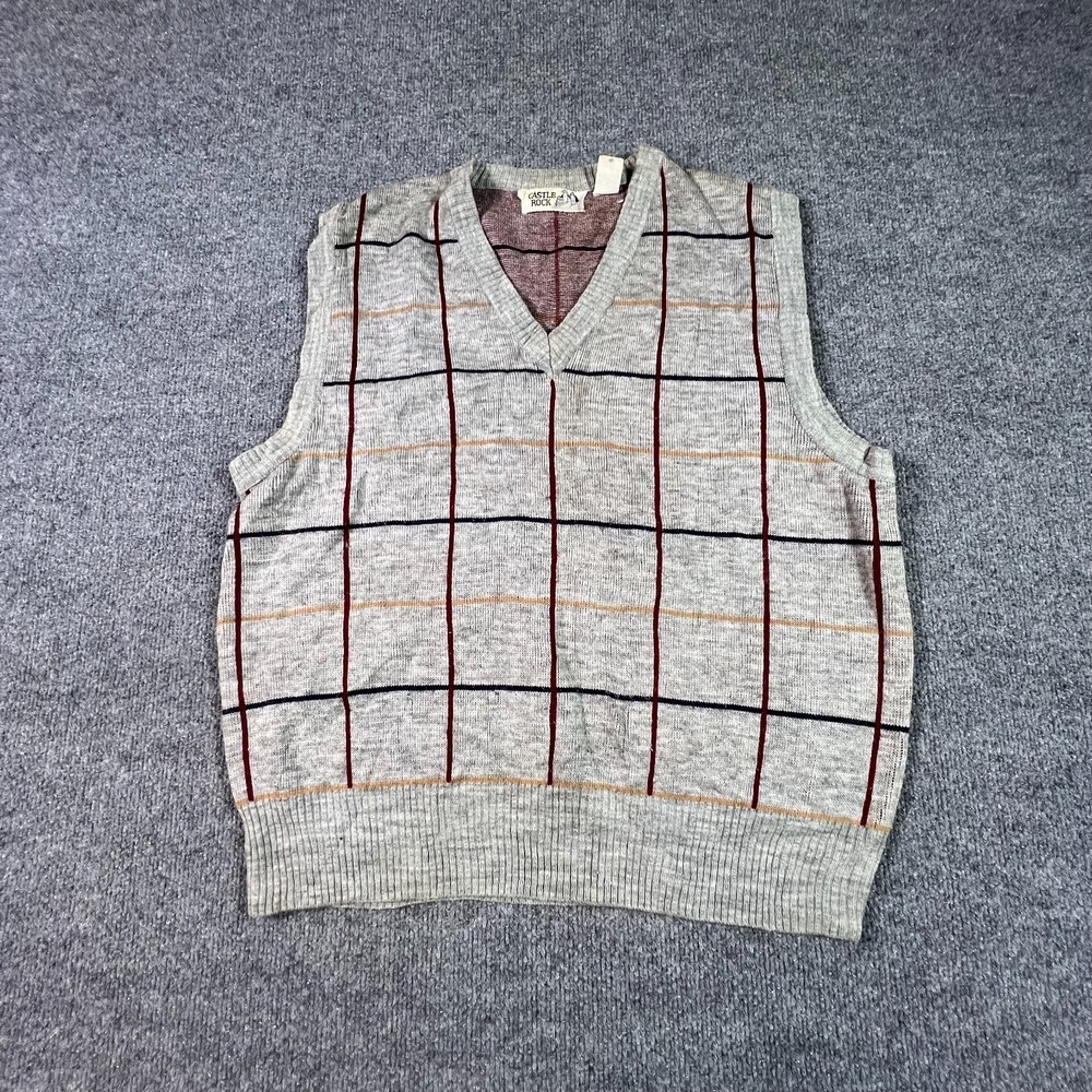 Castle Rock Vest Sweater Men's XL Gray Acrylic Tight-Knit Plaid Holiday Preppy